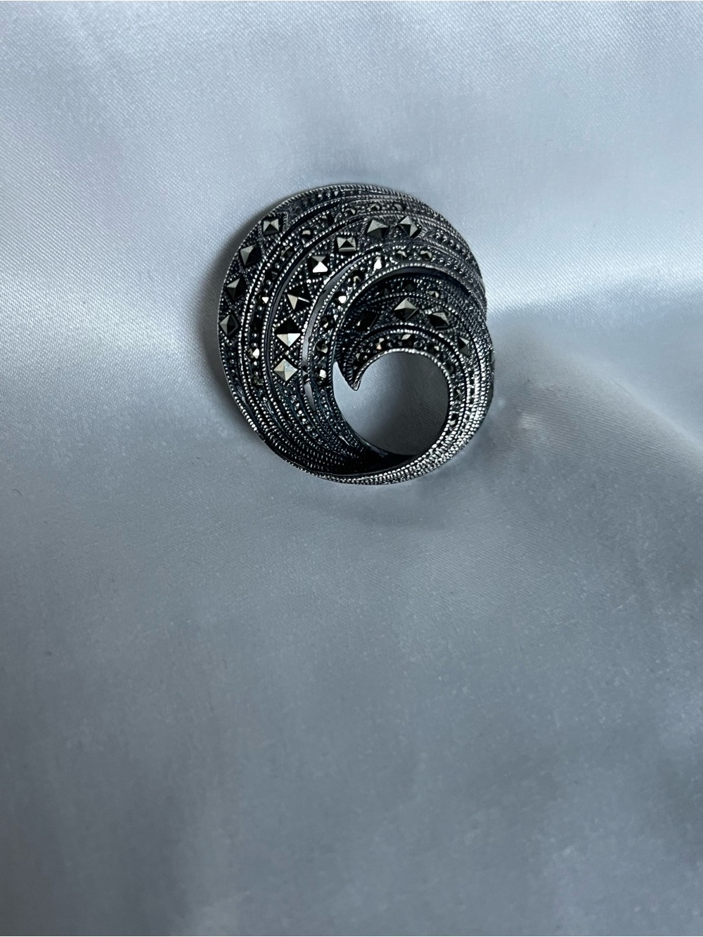 Sterling Silver and Marcasite Swirl Statement Brooch - Elegant Spiral Design